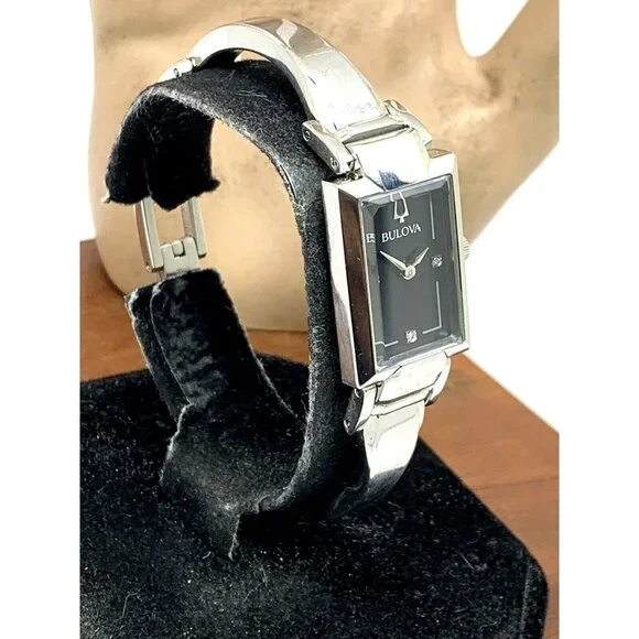 Bulova Womens Watch 96P209 Silver Tone Black Mother of Pearl Dial Diamon…